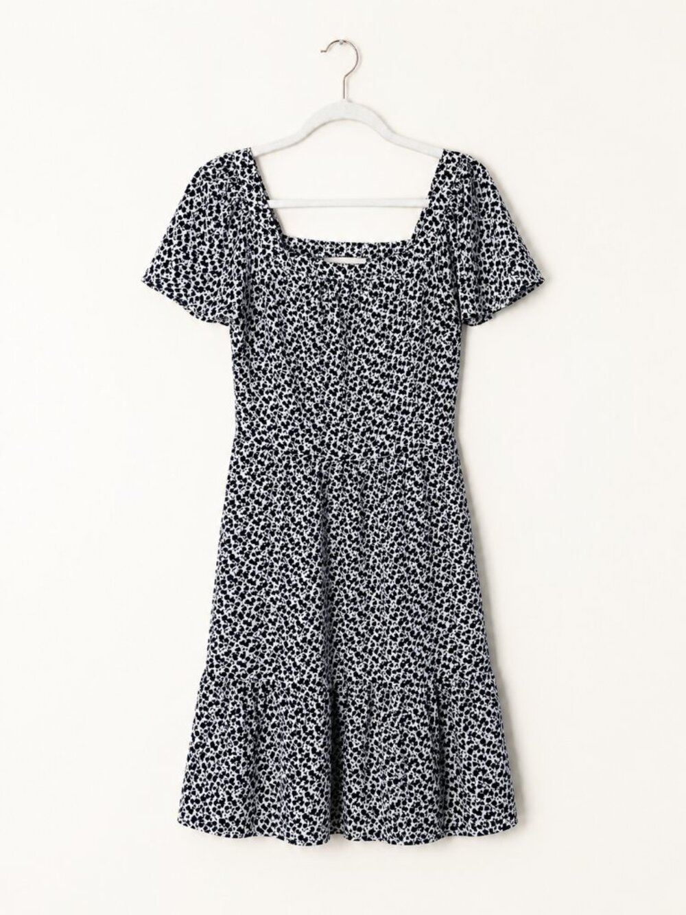 Monteau Navy Blue & White Floral Square Neck Short Sleeve Tiered Midi Sun Dress